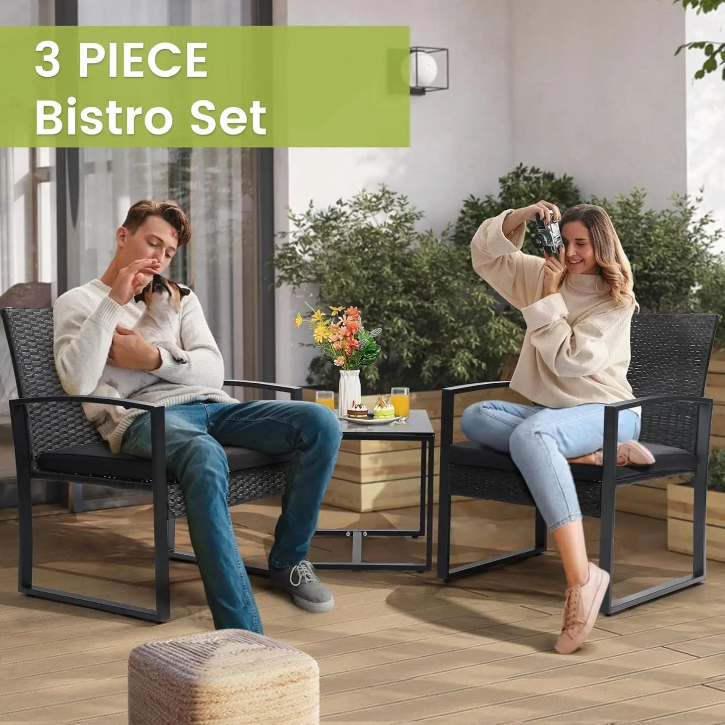 Black Frame Black Cushion 3 Piece Rattan Patio Bistro Set With Coffee Table For Balcony Porch Garden Yard Poolside