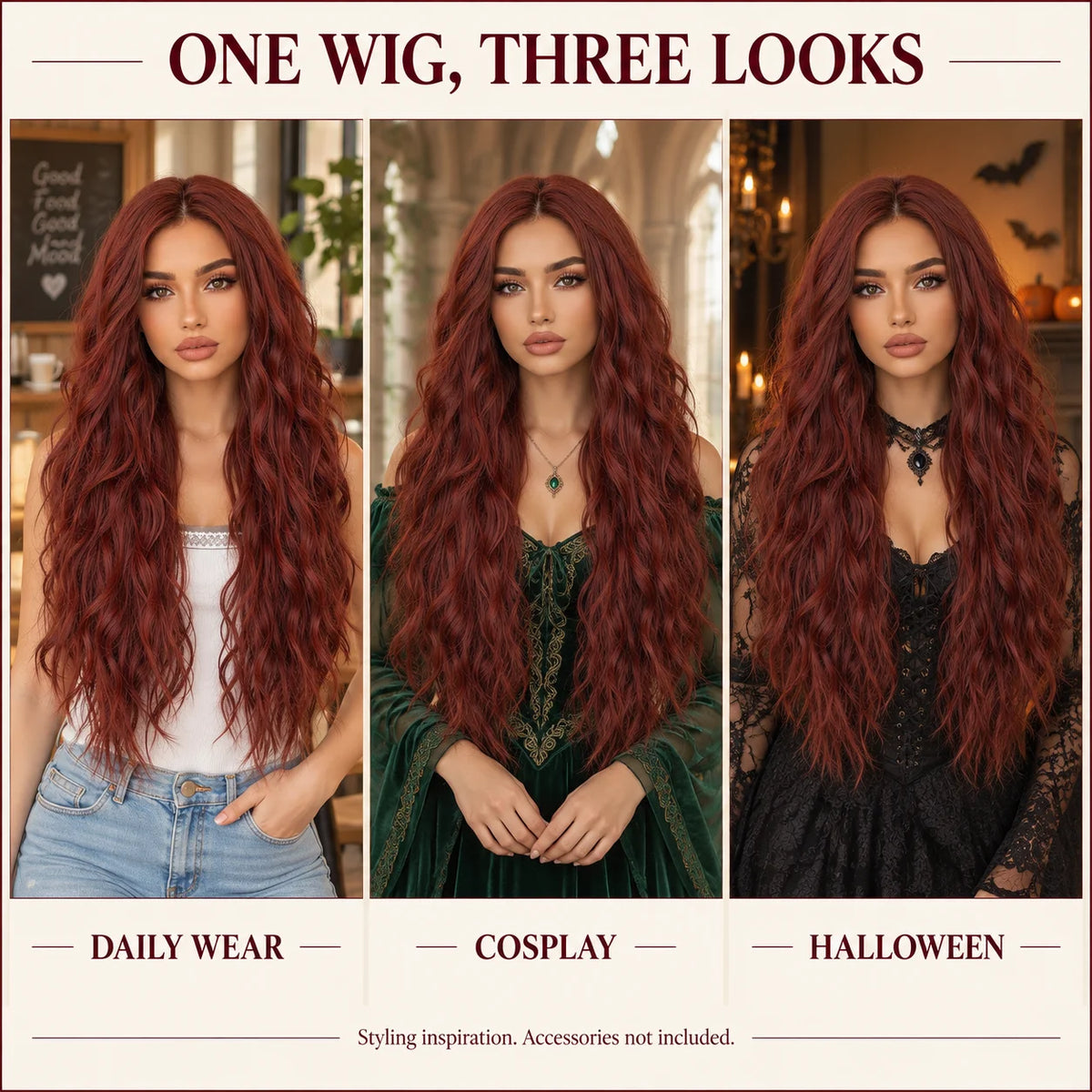 TopShe 28 Inch Burgundy Long Wavy Synthetic Wig for Women Heat Resistant Dark Red Wine Red Center Part Bouncy Curly Hair Wigs Natural Looking Soft Hairpiece Daily Wear Cosplay Costume Halloween Party Festival Gift