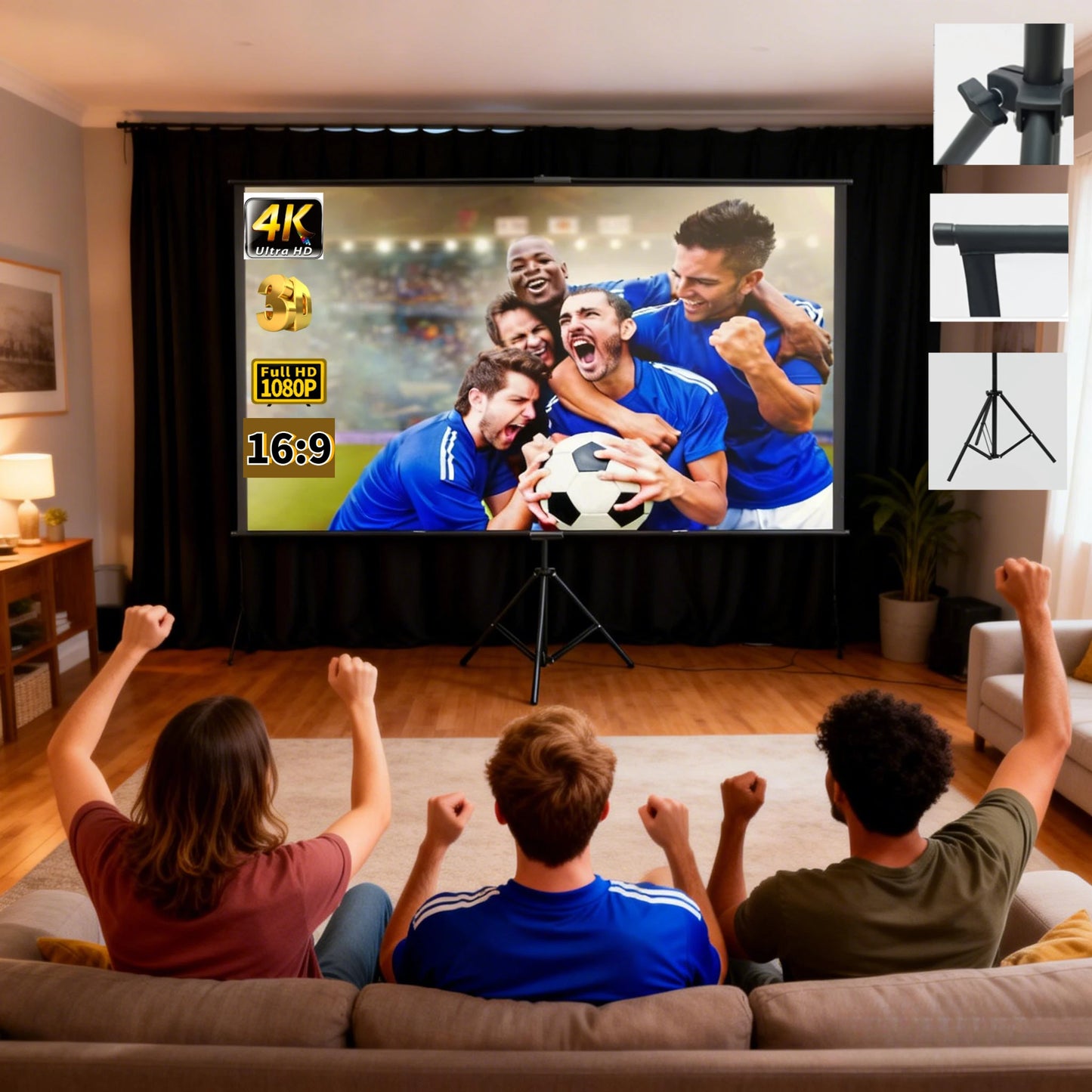 Projector Screen with Single Bracket-4K HD 16:9 Indoor/Outdoor Can Be Used for Theater/Office Backyard Party Theater Screen