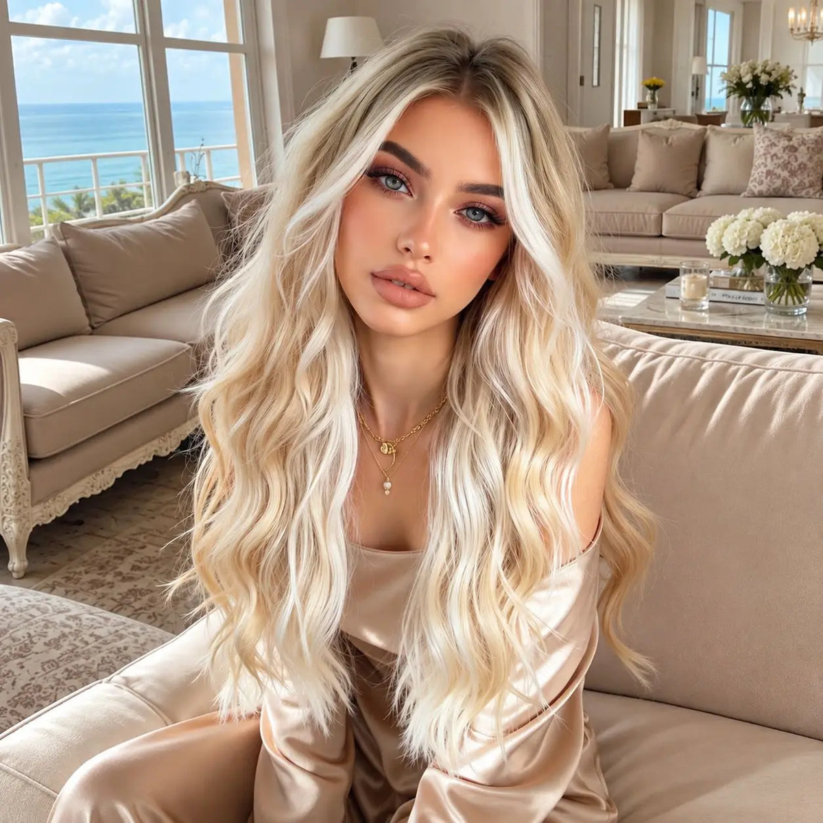 Halloween TopsShe 26 Inch Long Wavy Synthetic Wig Platinum Blonde with Dark Root, Heat Resistant Natural Looking Ombre Blonde Wigs for Women Cosplay Costume Party Daily Wear, Full Flowing Soft Wave Hair Styling Glamour Fashio