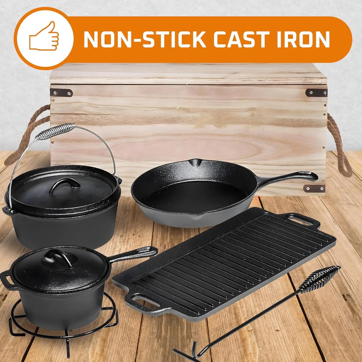 Camping Cooking Set Of 7. Pre Seasoned Cast Iron Pots And Pans Dutch Oven With Lids For Outdoor