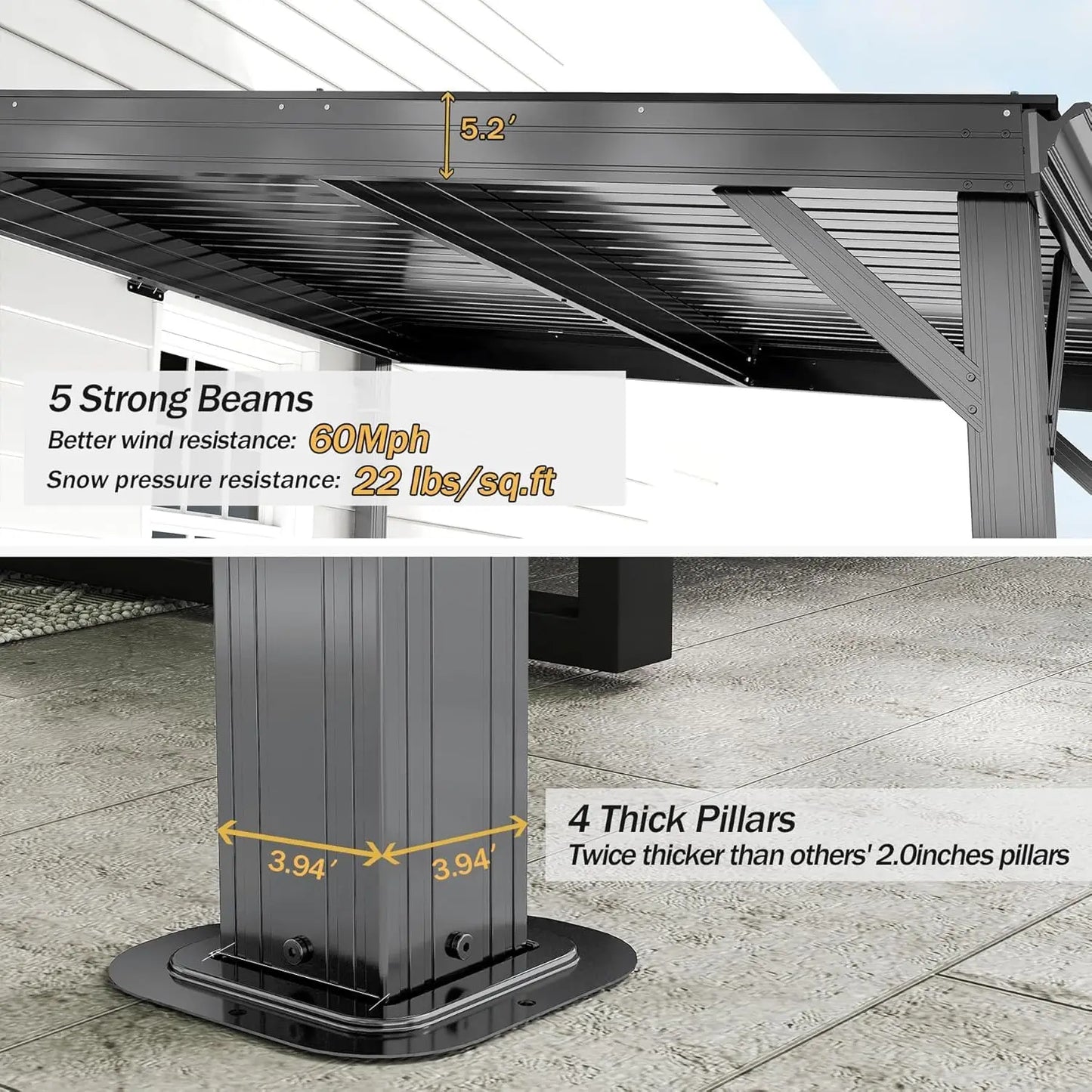 8x10 Wall Mounted Hardtop Gazebo Pergola Gutters Galvanized Steel Roof 60MPH Wind Resistance Outdoor Metal Awning Patio Custom