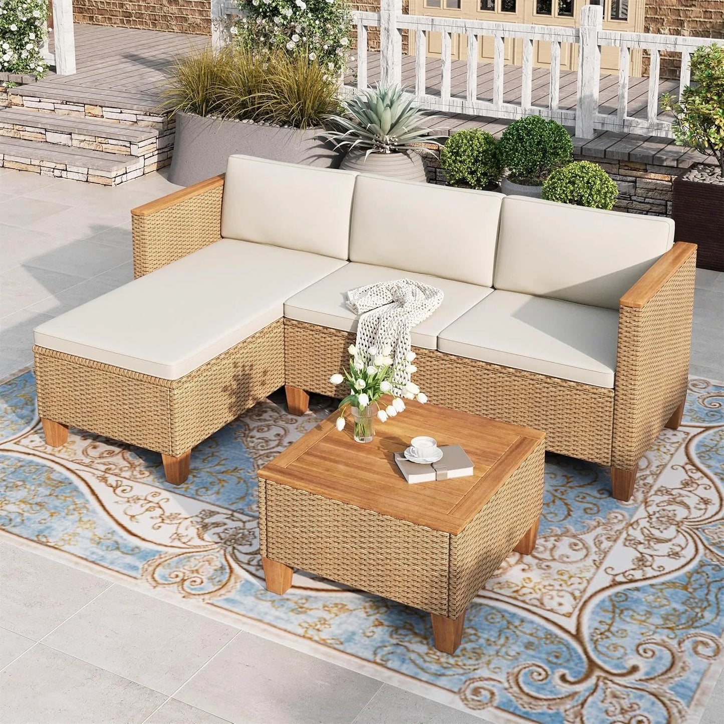 Small Patio Furniture Set 3 Piece Wicker Outdoor Sectional Sofa and Coffee Table for Garden Backyard Balcony