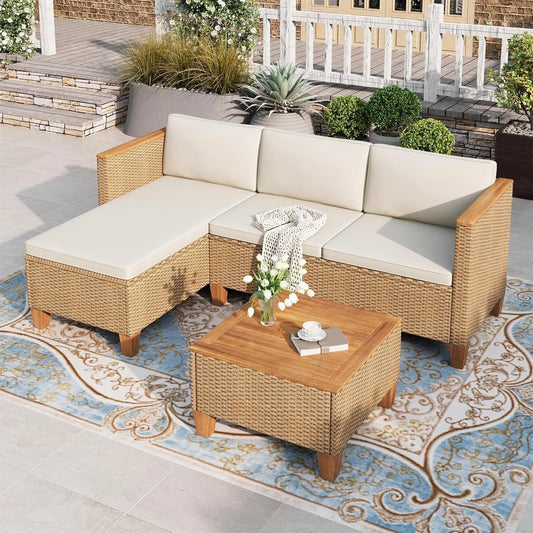 Small Patio Furniture Set 3 Piece Wicker Outdoor Sectional Sofa and Coffee Table for Garden Backyard Balcony
