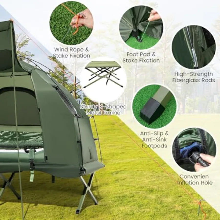 Camping Tent Cot 5-in-1 Folding Camping Bed with Air Mattress Pillow Sleeping Bag Waterproof Elevated Tent Shelter Portable Out