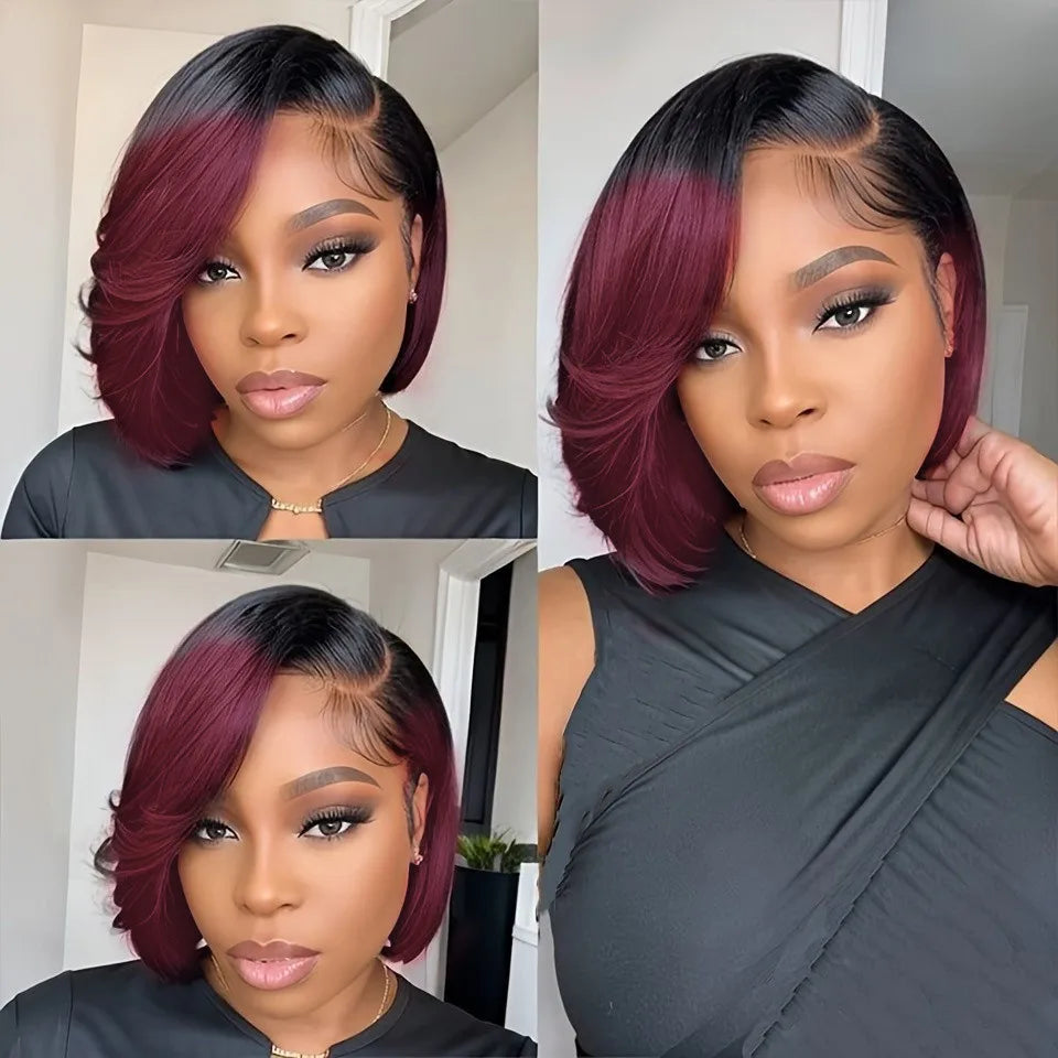 pixie wig short straight wig brown burgundy color Black Friday Halloween 13x4 frontal lace pixie cut human hair wig for women