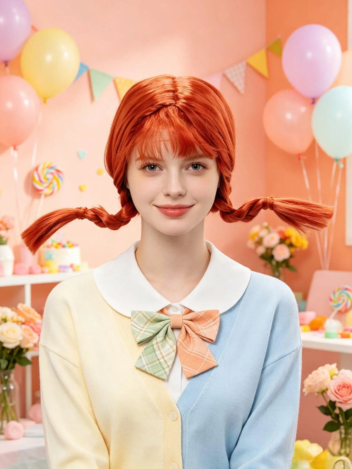 Orange Red High Quality Synthetic Fiber Heat Resistant Cosplay Wig with Bangs Double Side Braids Box Braids Outward Center Part Adjustable Cap for Women Girls Party Halloween Costume Role Play Stage Show Photo Shoot