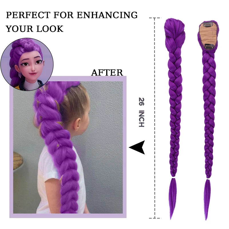 Synthetic Braided Purple Hair Ponytail Rumi Costume Hairstyle 26inch Long Ponytail with Clips for Kids Girls Halloween Christmas