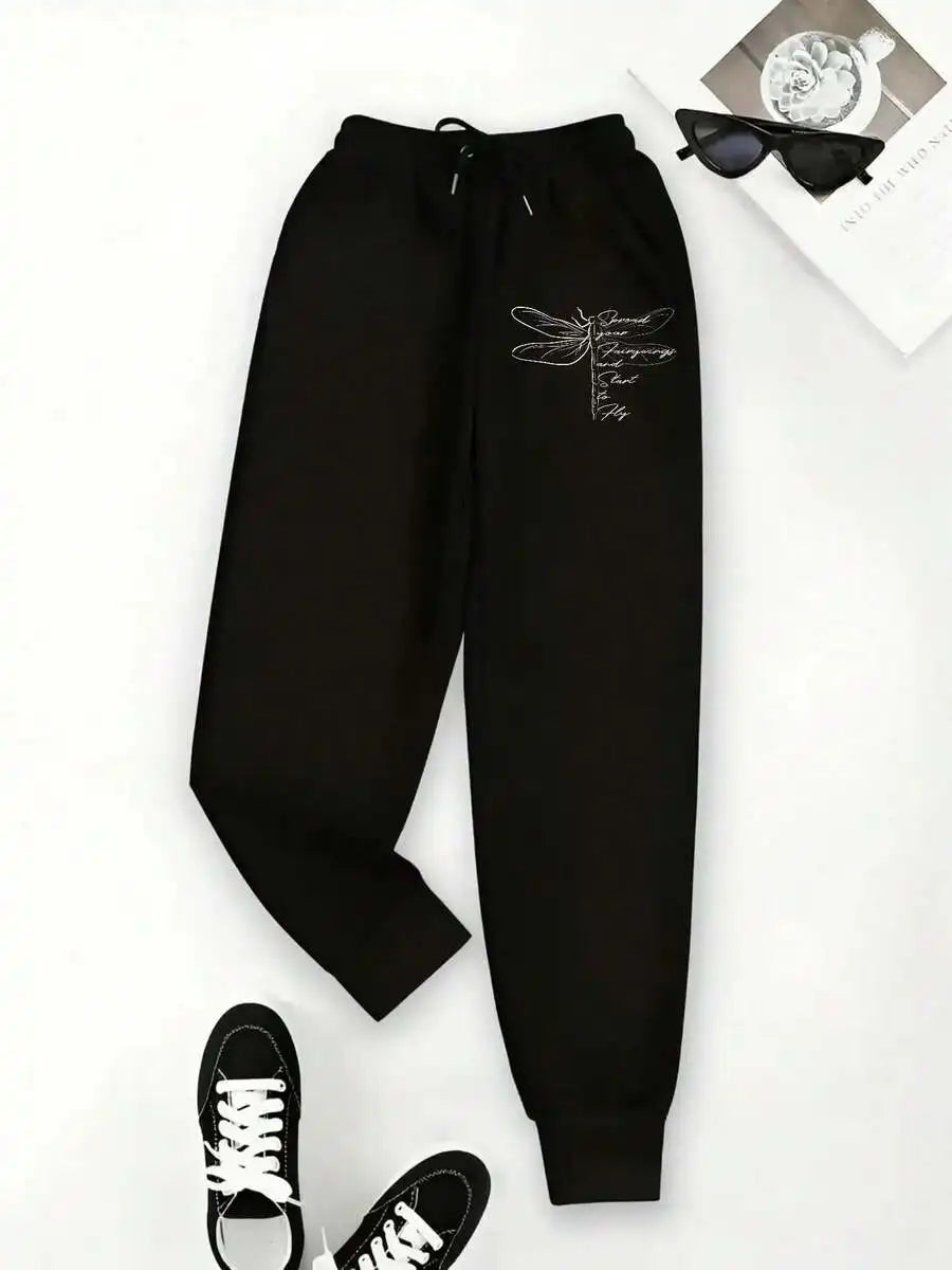 Women'S Dragonfly Graphic Sweatpants, Fashionable And Commuting, Daily Outfit, Casual Yet Appropriate, Old Money, Elastic Waist