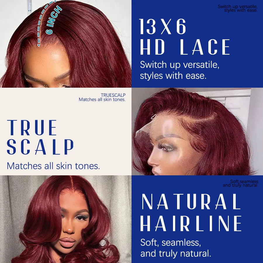Halloween Wig Long Anime Cosplay Body Wave Wine Red Burgundy 99J Human Hair Wigs 200% Density 40 Inches 13x6 13x4 HD Transparent Lace Frontal Wig Brazilian Hair For Women Pre Plucked