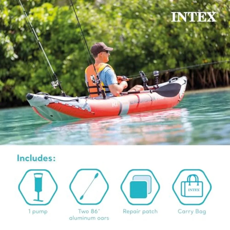 Inflatable Kayak Set: 86in SuperTough PVC Kayak with Deluxe Paddles High-Output Pump Adjustable Bucket