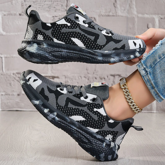 Women Camo Print Flying Knit Sneakers Breathable Mesh Lightweight Flexible Non Slip Lace Up Walking Shoes Fashion Outdoor Gym Jogging Daily Casual Sports Footwear 2026 New Arrival