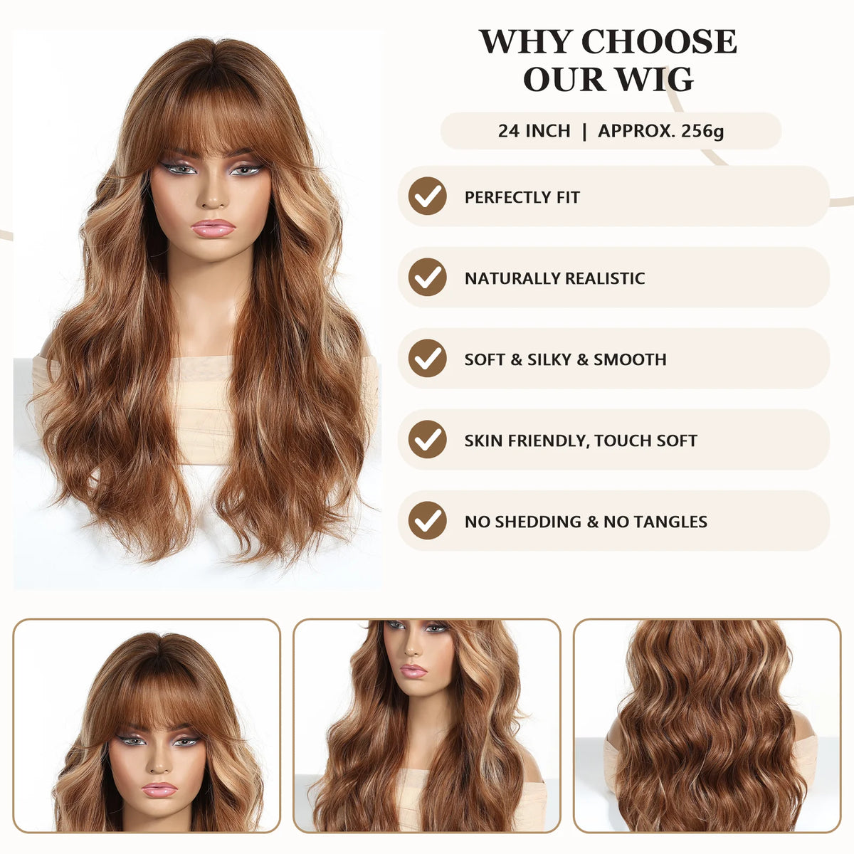 Halloween Wig 24 Inch Long Synthetic Wig with Bangs Auburn Brown Blonde Heat Resistant for Woman Dimensional Highlights Soft Layered Waves Curly Wavy Hair Wigs for Women Cosplay Costume Party Daily Wear Natural Looking Volumi