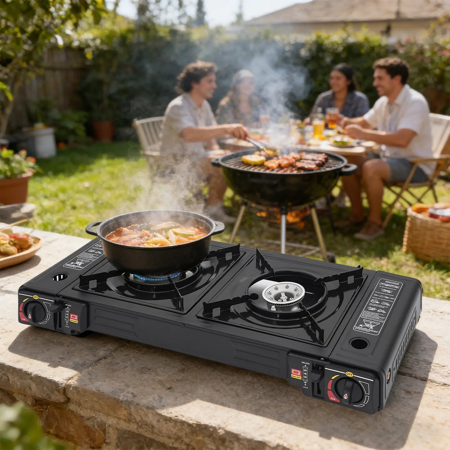 Portable Camping Stove 2 Burner 2500W Each Gas Cooktop Butane LPG Outdoor Picnic Cooking Tabletop Dual Control Overpressure Protection Lightweight Carry Case Fast Heating for RV Patio Hiking