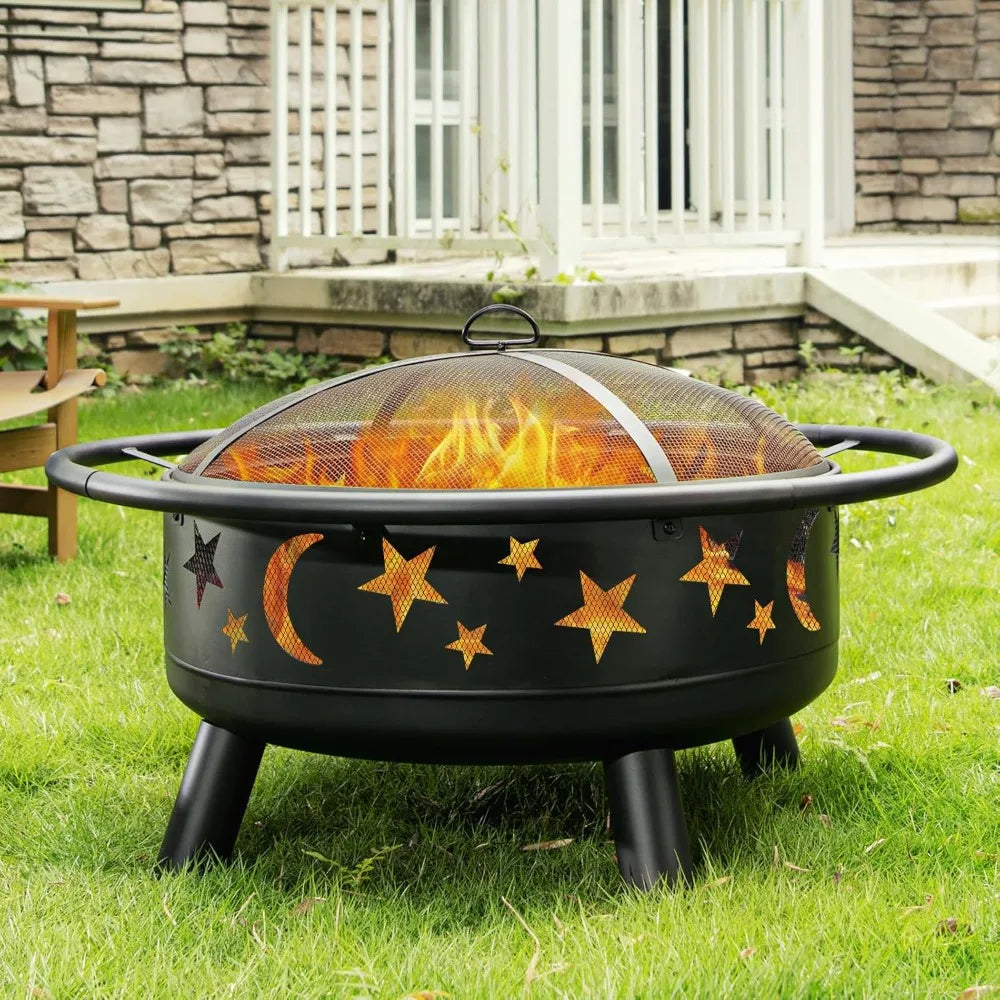 32 Inch Round Fire Pit with Mesh Cover, Fire Poker, Star and Moon Design, Metal Wood Burning Outdoor Firepit for Patio