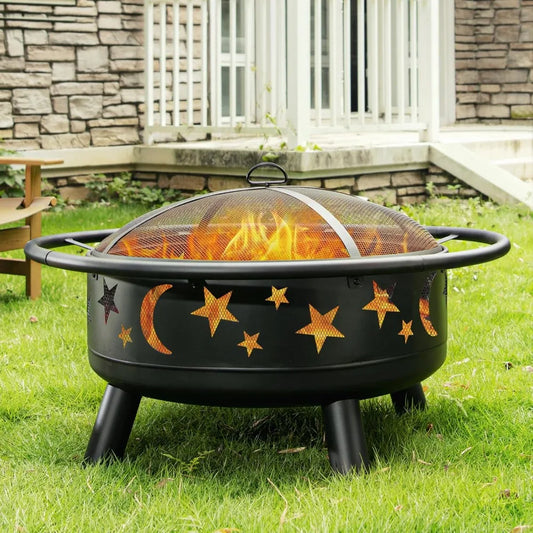 32 Inch Round Fire Pit with Mesh Cover, Fire Poker, Star and Moon Design, Metal Wood Burning Outdoor Firepit for Patio