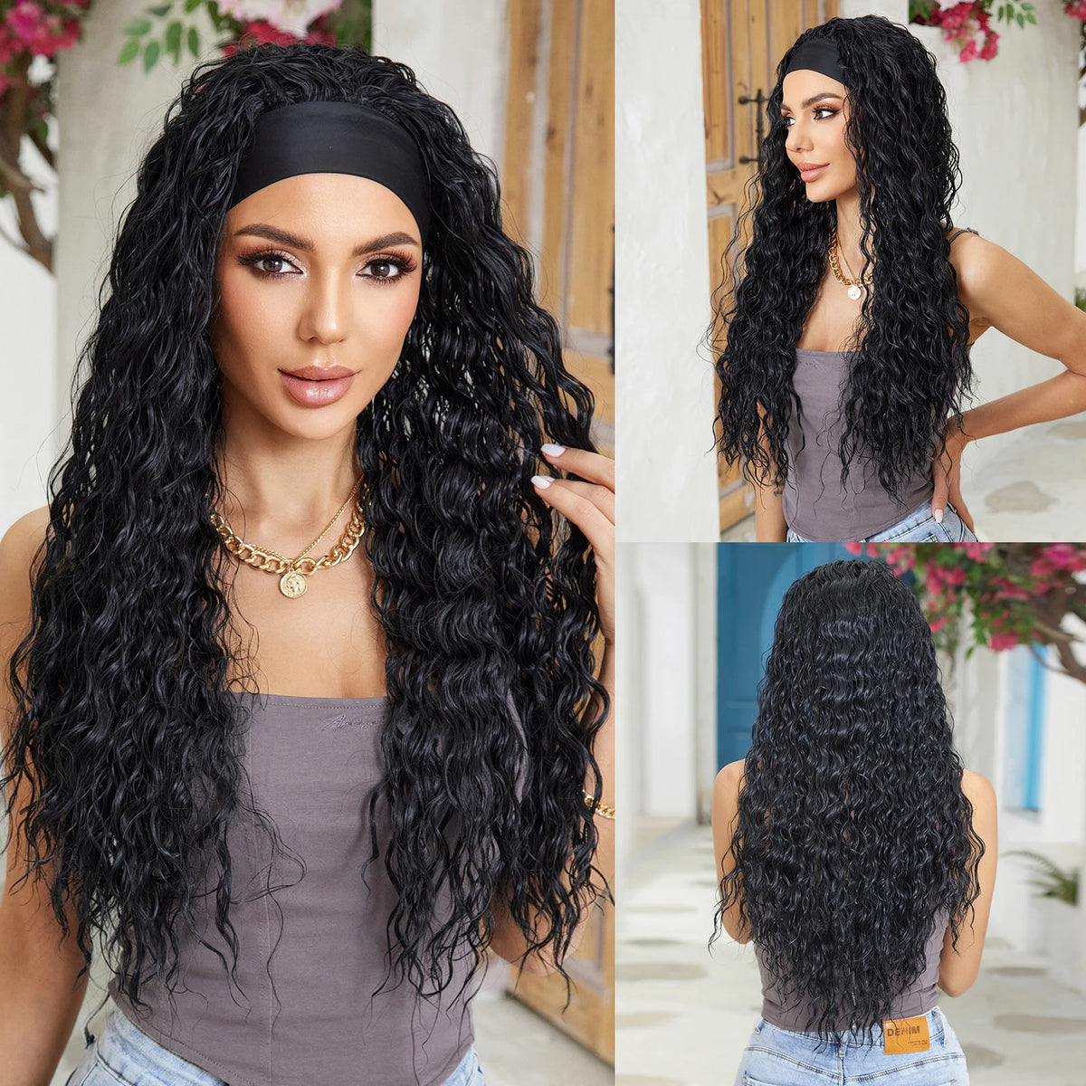 Halloween Wig TopShe Headband Wig Long Body Wave Wig with Headband Blanck Curly Synthetic Wig for Woman 26inch Heat Resistant Fiber Kinky Curly Wave Glueless Daily Party Cosplay Costume Soft Natural Looking