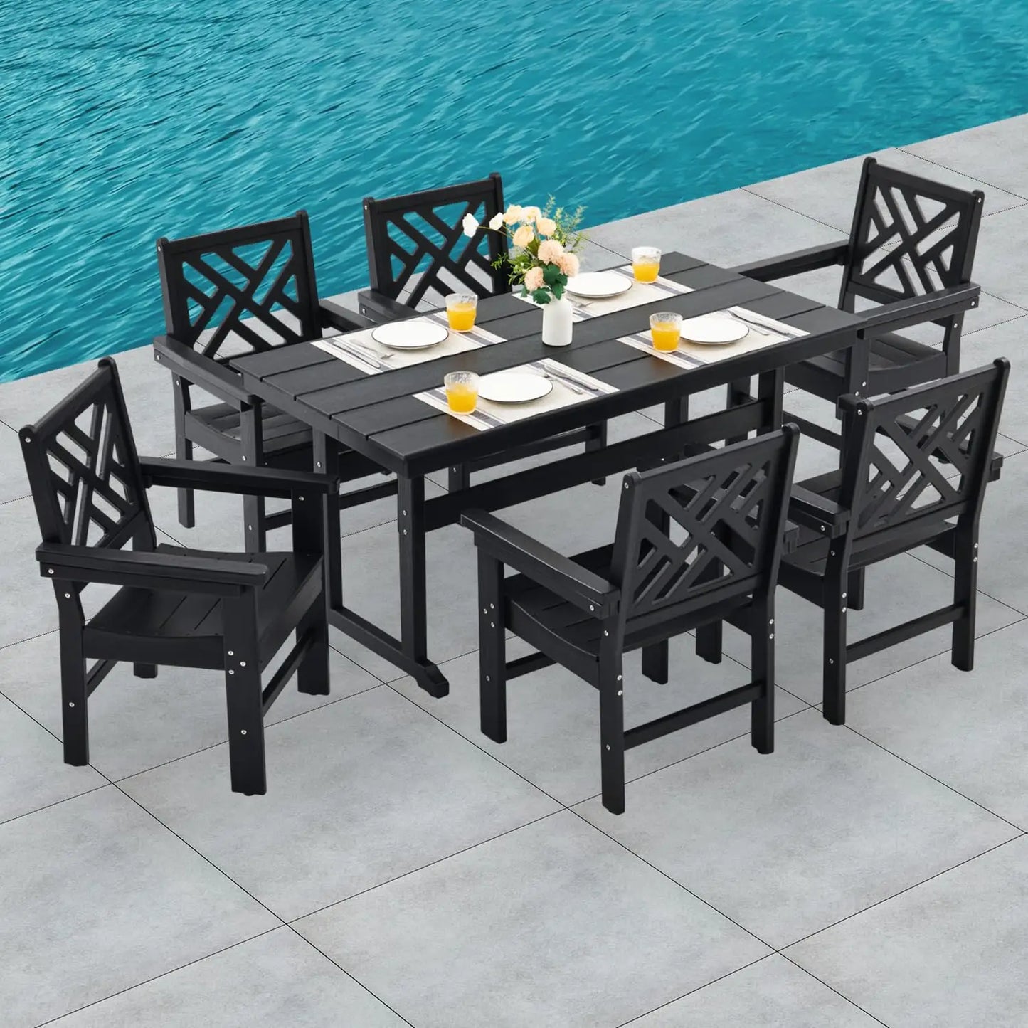 HDPE 7-Piece Outdoor Dining Set with 62.5" Table Umbrella Hole 6 Chairs Weatherproof Gray Customized