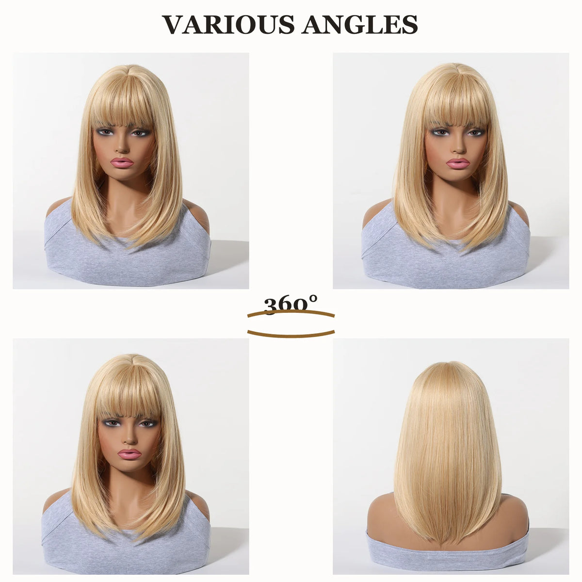 Halloween Wig TopShe Long Straight Golden Blonde Wig Synthetic Wig Heat Resistant Fiber Bob Wig with Bangs 14 Inch or Women Simulation Scalp Soft Full Fringe Natural Looking Hair Cosplay Party Daily Wear 170g