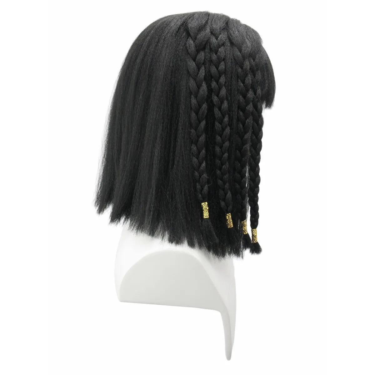 Black Braided Bob Wig Synthetic Short Bangs Gold Beads African Egyptian Queen Costume Wig Halloween Cosplay Party Carnival