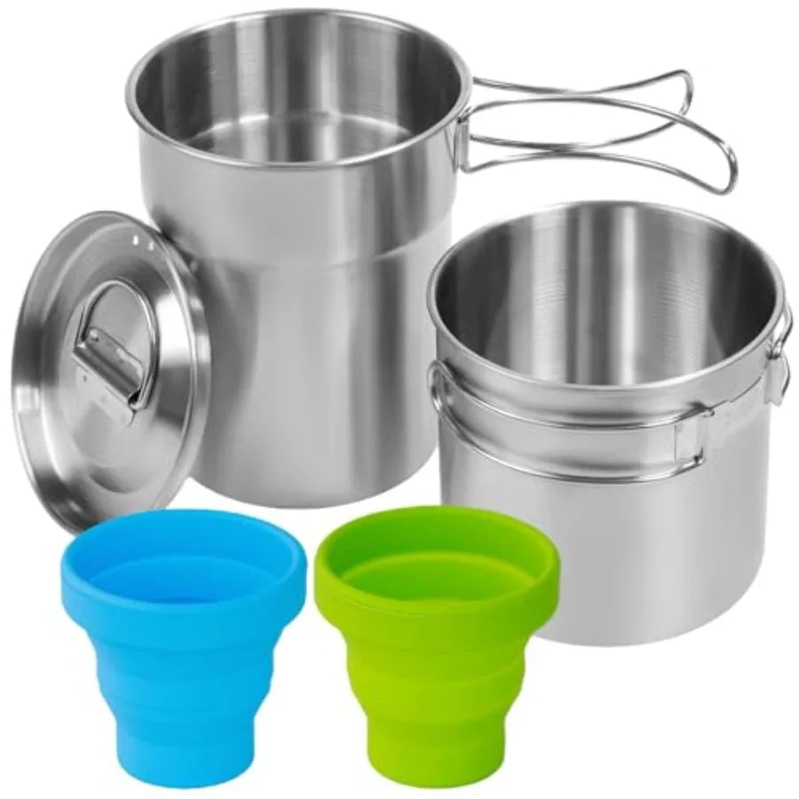 Foldable Camping Cups Mugs Camping Pot Cookware 304-Food-Grade Outdoor Camp Cooking Set with Vented lid, Stainless Steel Backpa
