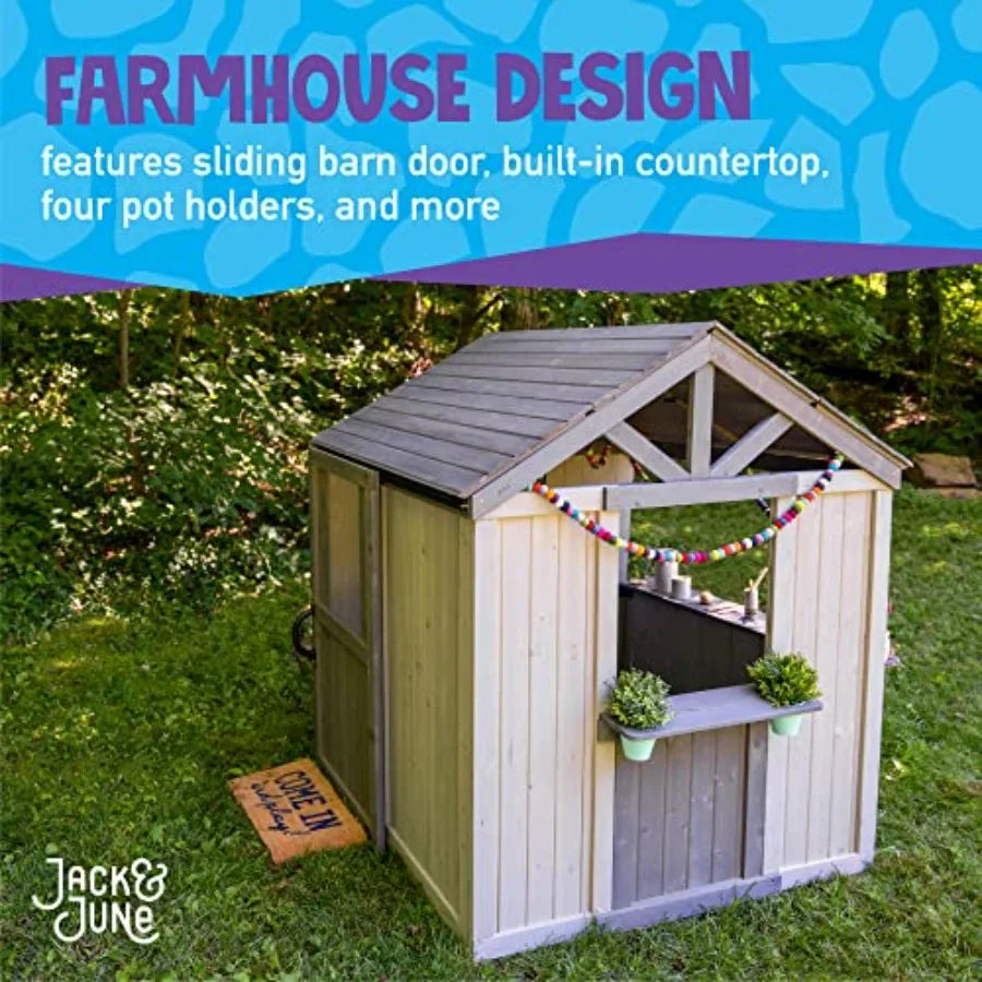 Cedar Wood Playhouse for Outdoor/Indoor Use Natural Wood Color Durable Construction with Built-in Countertop and Sliding Barn D