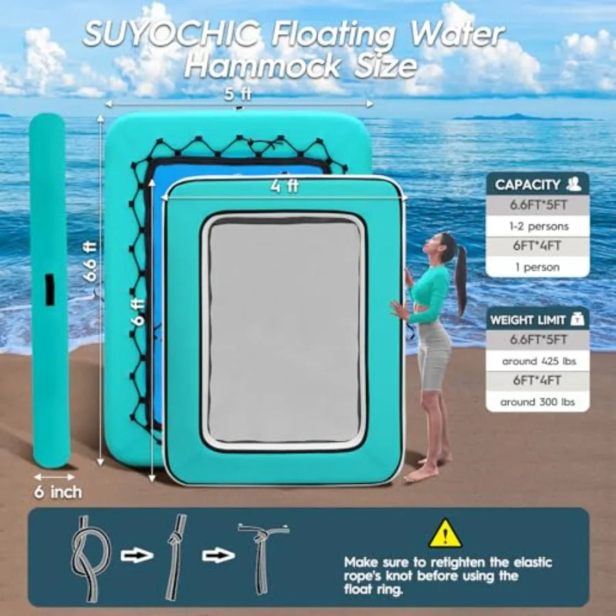 Rectangle Floating Ring 6FT/6.6FT Inflatable Water Hammock Pool Floats for Adults Sunbathing Platform Raft in Blue Durable PVC