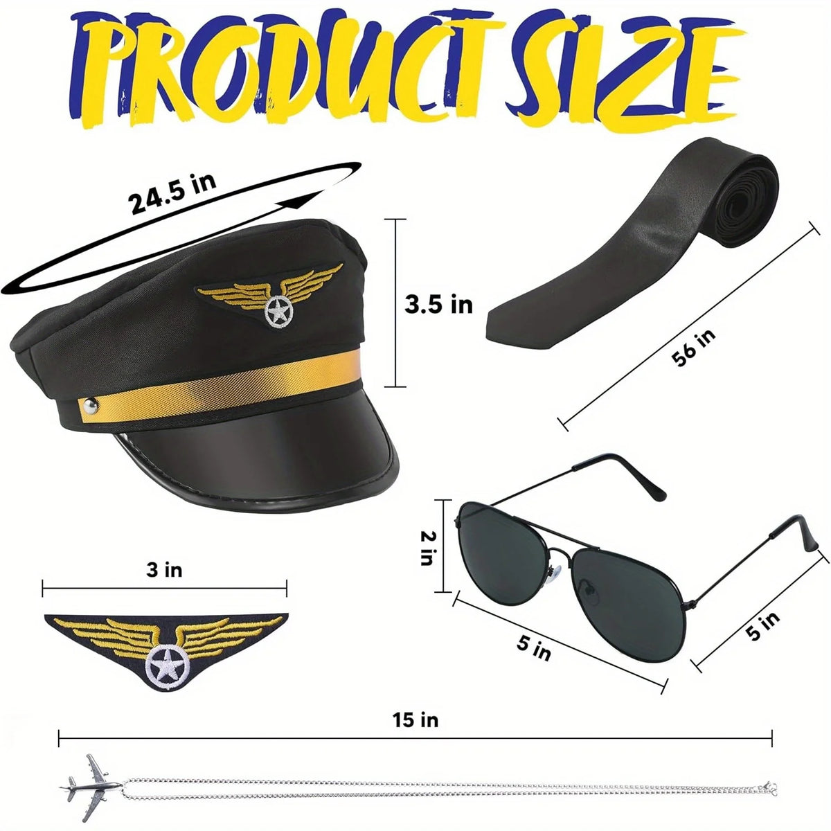 Creations Airline Pilot Captain Costume Kit 5 PCS Pilot Dress up Accessory Set with Sunglasses Tie Piot Hat Wings Patch and Necklace for Halloween Themed Dress Up Party