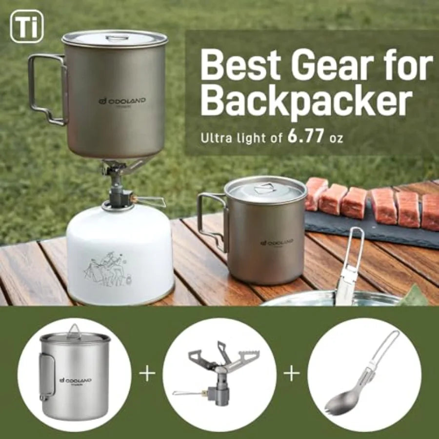 Titanium Camping Cookware 750ML Titanium Pot with Camping Stove and Spork Portable Pot for Backpacking Hiking Traveling and Pic
