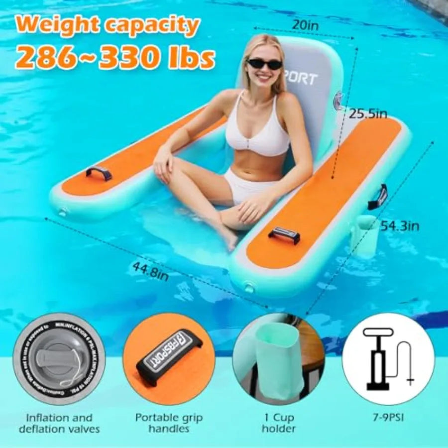 Inflatable Pool Float Lounger for Adults Water Floating Chair with Cup Holder and Backrest in Blue for Swimming Pool Lake Party