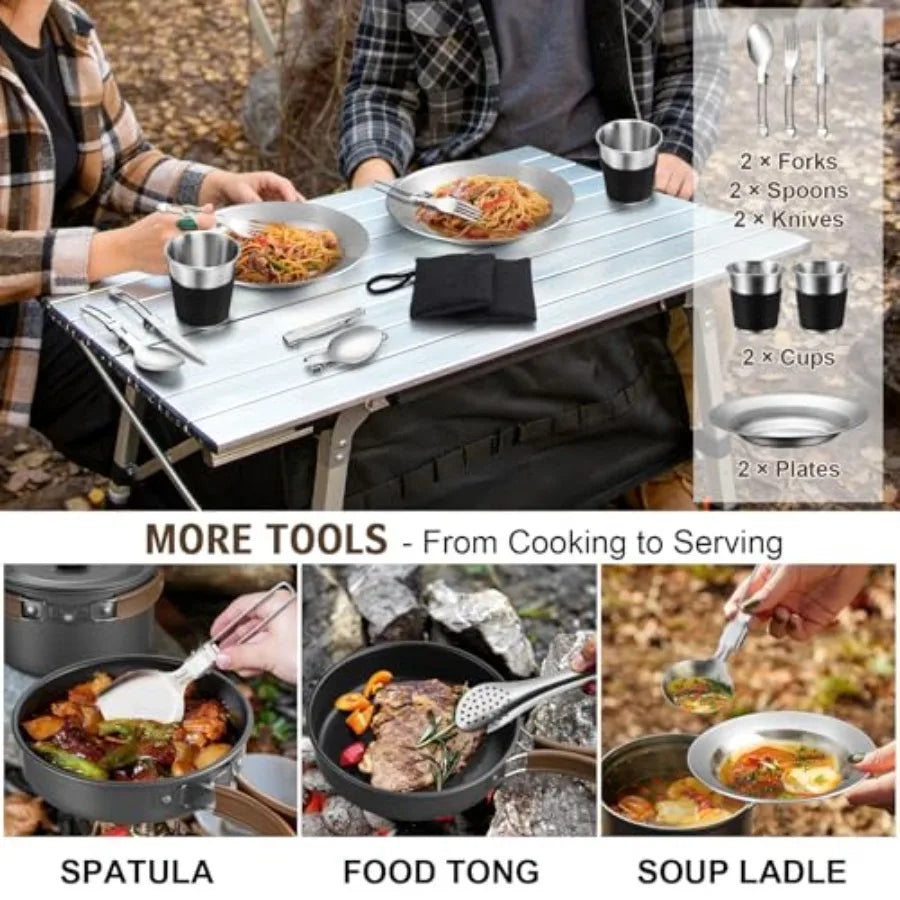 18Pcs Camping Cookware Mess Kit, 7.8" Nonstick Camp Cooking Utensil Set Pot, Pan, Kettle, Grill Grate,Outdoor Backpacking Gear