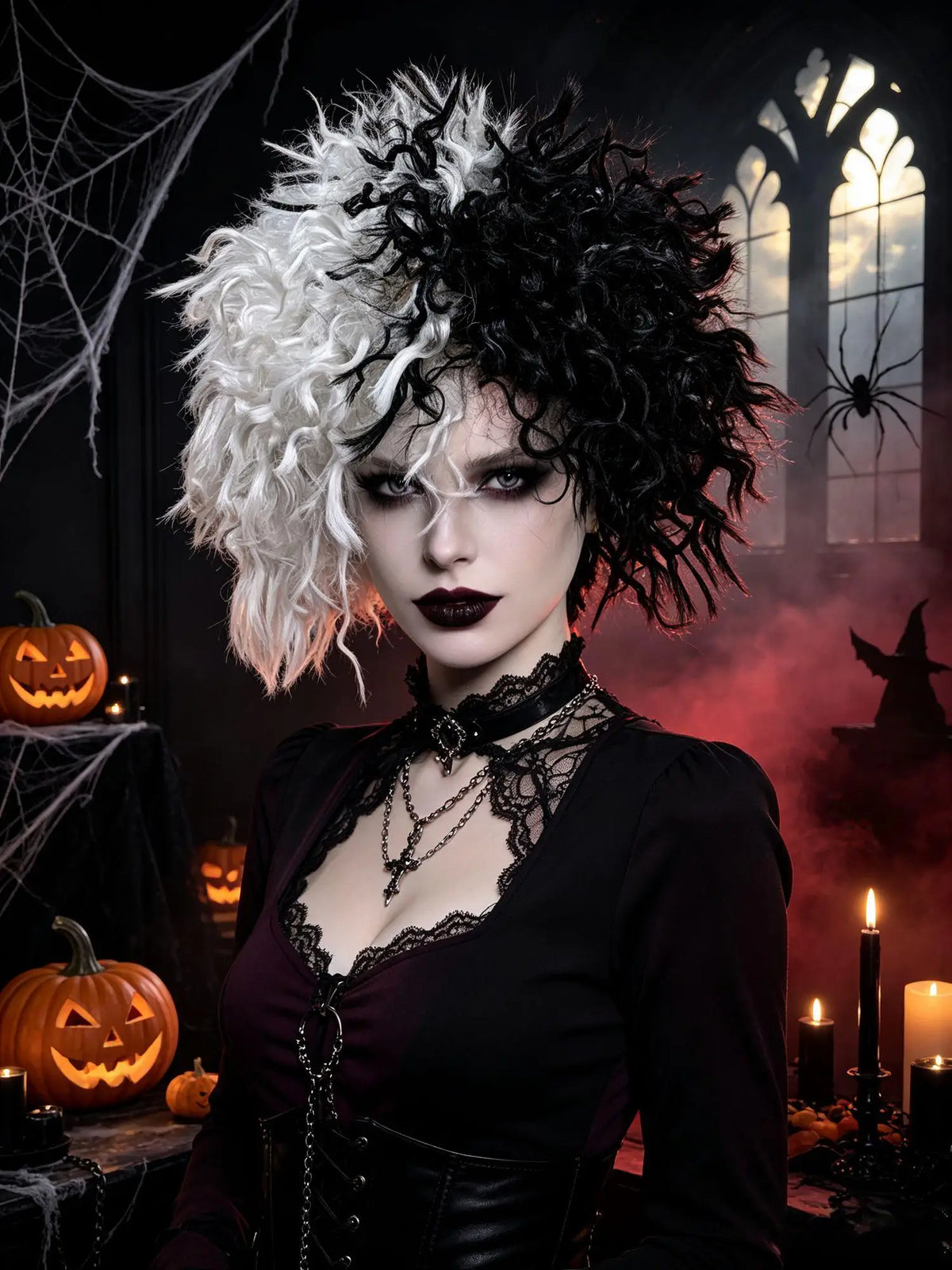 Black White Split Half And Half Premium Synthetic Fiber Afro Curly Wig Punk Rock Style Fluffy Voluminous Messy Short Kinky Hair Heat Resistant Adjustable Cap for Women Men Party Halloween Costume Cosplay Role Play Stage Show
