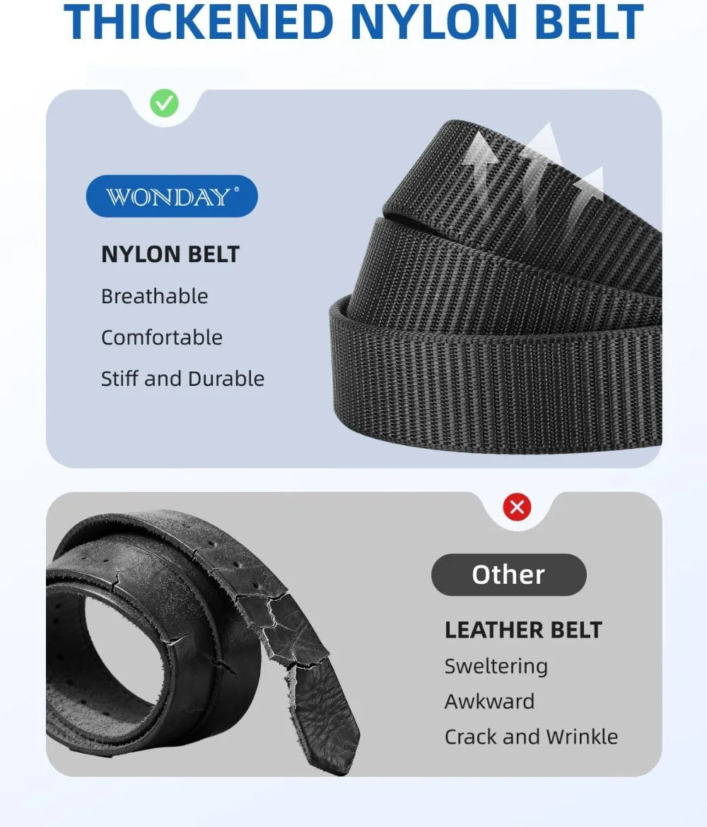 Ratchet Belts for Men 2 Pack Nylon Web No Hole Automatic Buckle Heavy Duty Work Belt for Golf Tactical Outdoor Hiking