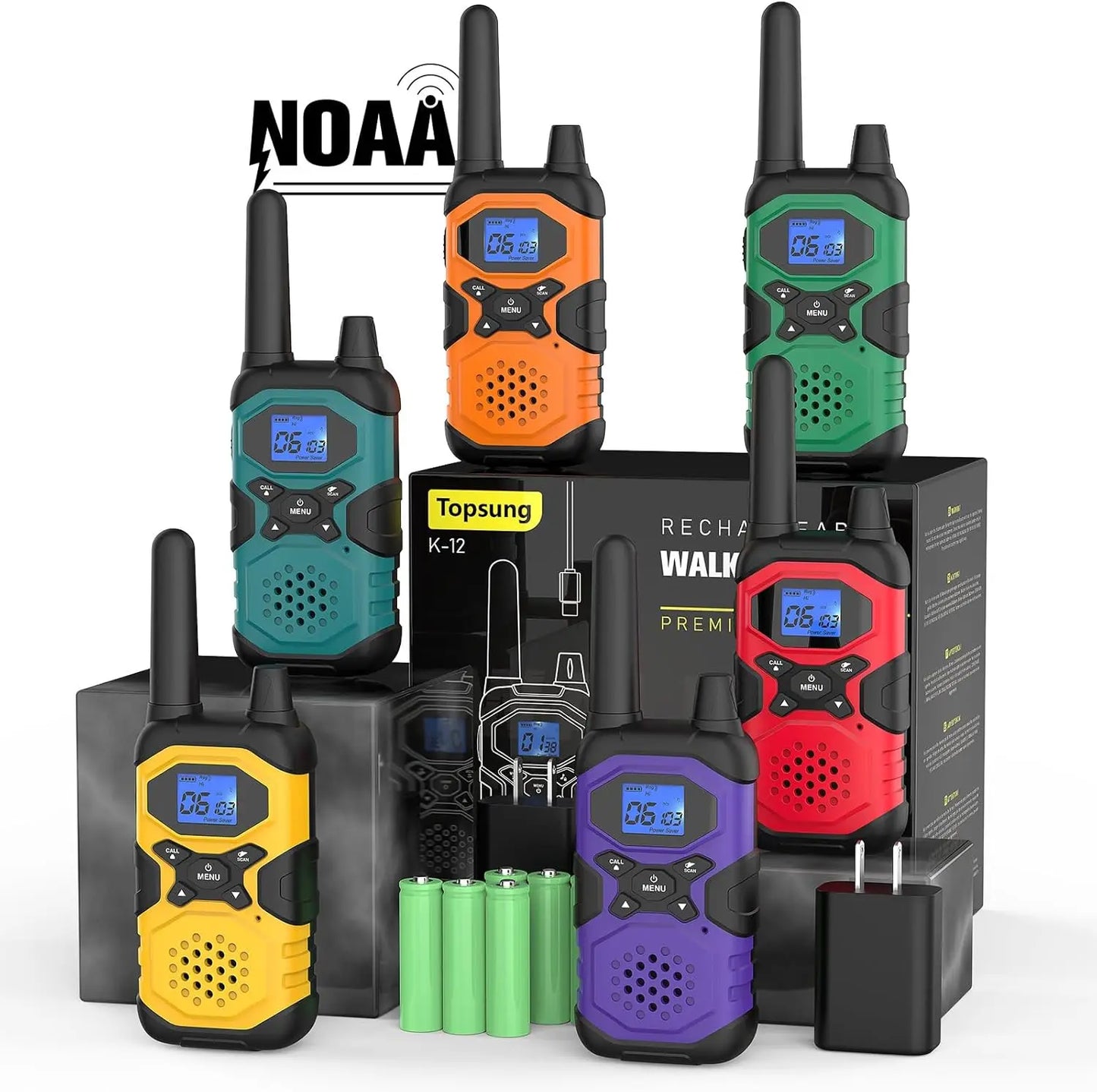 Long Range Rechargeable Walkie Talkies 6 Pack, FRS 2 Way Radios with NOAA USB Chargers for Camping Work Family