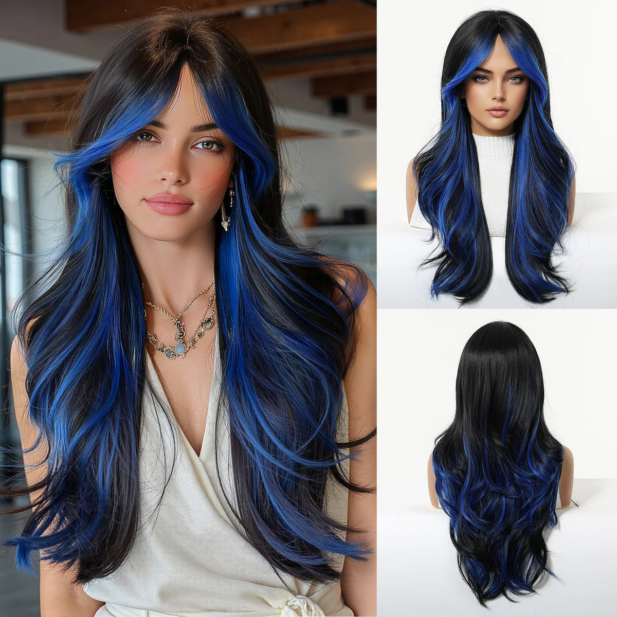 Halloween Wig Long Wavy Synthetic Wig Black and Blue Highlights 26 Inch Heat Resistant  Wigs for Women Black Wig with Blue Highlights Chemical Fiber Hair with Bangs Face Framing Cosplay Costume Party Goth Anime Daily Wear Sof