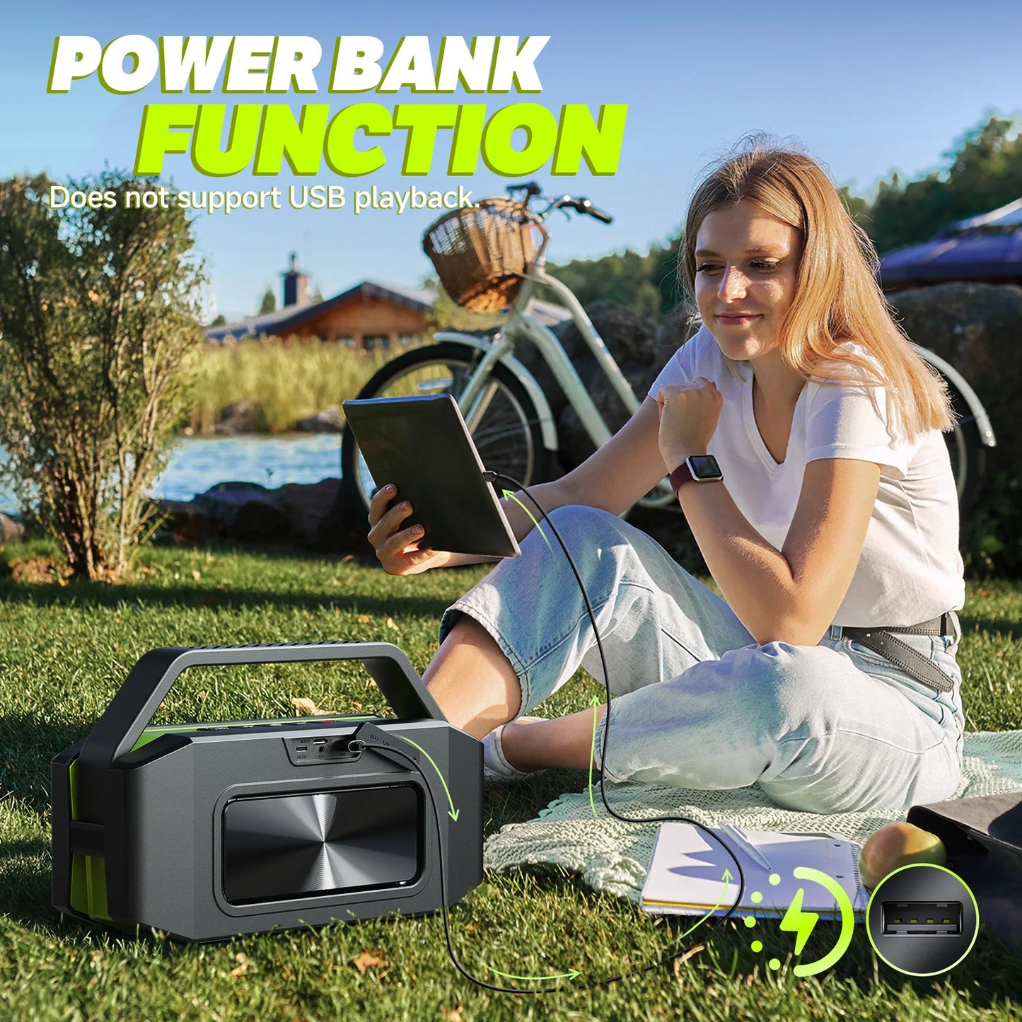 W-KING D9-1 Green Bluetooth Speaker, 100W Peak 60W HD IPX6 Portable Speaker Wireless Loud Waterproof Outdoor Party Large Boombox 2 Subwoofer/Ex-Large Passive Radiator-All Round Deep Bass/40H/PowerBank/TF/AUX/EQ