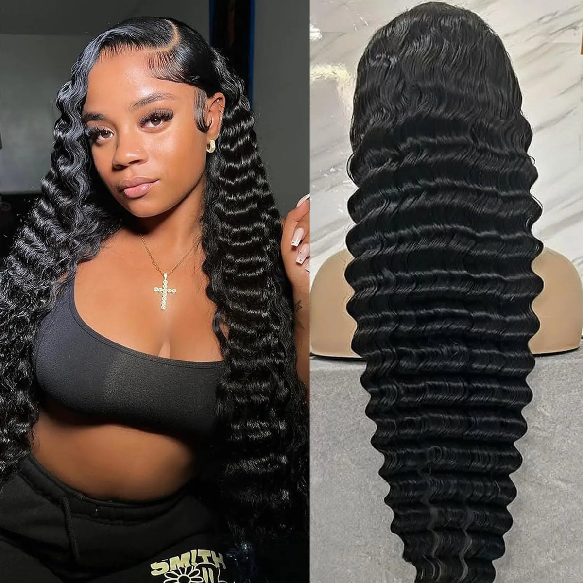 Black Deep Wave Human Hair Wigs Natural Color 1B 40 Inches 200% Density 360 5x5 13x6 13x4 HD Transparent Lace Frontal Wig Brazilian Hair Pre Plucked For Women Halloween Wig
