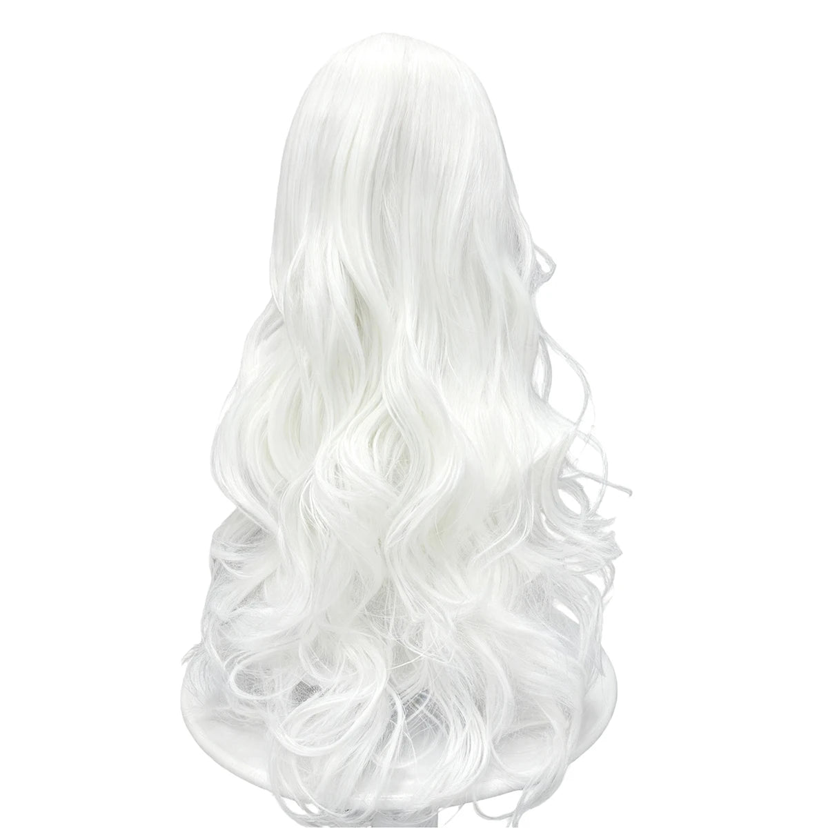 Pure White Premium Synthetic Fiber Long Curly Wig Big Waves Fluffy Voluminous Spiral Curls Middle Part with Bangs Heat Resistant Adjustable Cap for Women Girls Cosplay Party Halloween Costume Role Play Stage Show Photo Shoot
