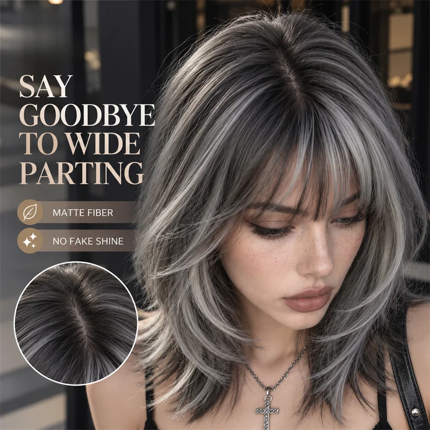 TopShe 18 inch Grey Wave Synthetic Wig Curly for Woman Shoulder Length Heat-Resistant Silver-Grey Hall Wig Layered Medium Length Shaggy Hair Wig Display Costume Party Daily Wear Natural Ash Grey Salt and Pepper Hairpiece Feat