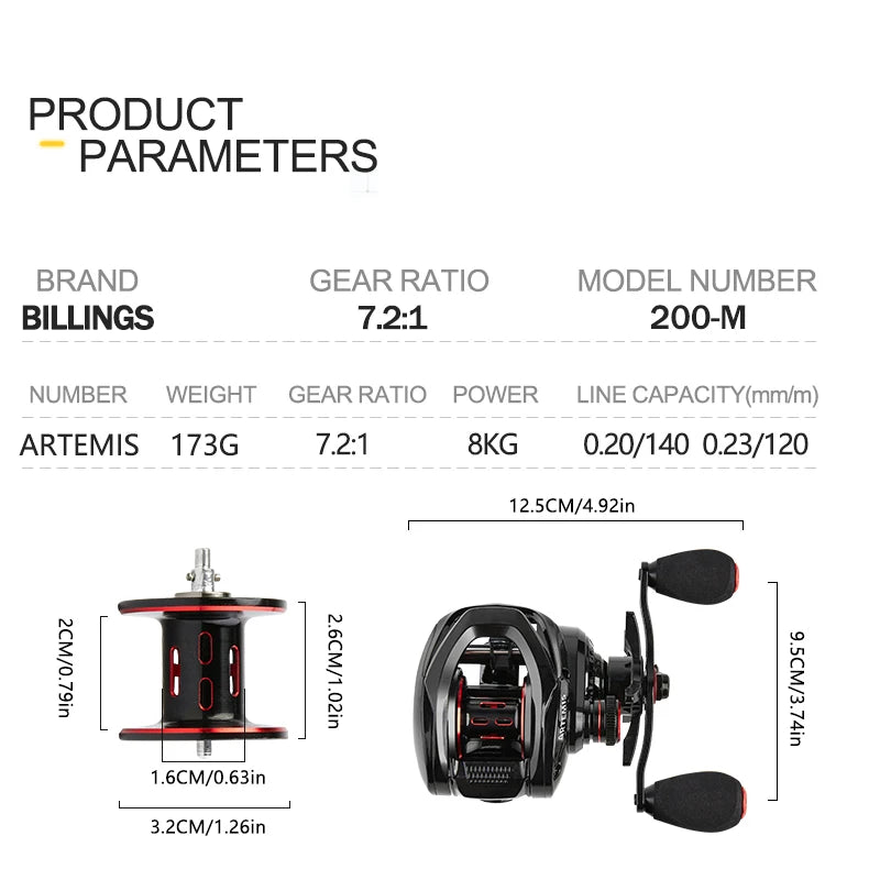 BILLINGS Baitcasting Reel 7.2:1 High Speed Gear Ratio CNC Spool 8KG Max Drag Magnetic Brake System Baitcaster Fishing Reels for Freshwater Saltwater Multiple Fish Species