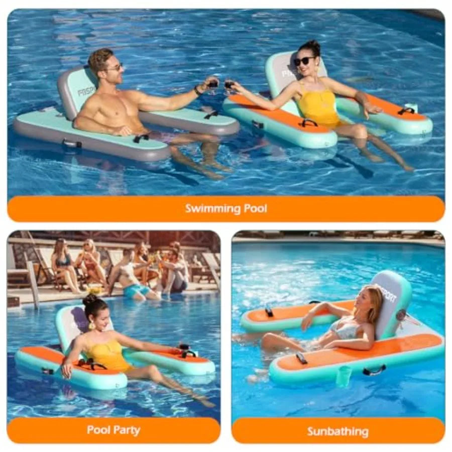 Inflatable Pool Float Lounger for Adults Water Floating Chair with Cup Holder and Backrest in Blue for Swimming Pool Lake Party