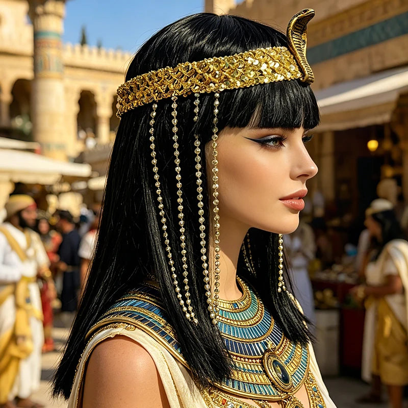 Black Cleopatra Wig Synthetic Straight Bangs Egyptian Queen Costume Wig Gold Snake Headband Bead Chains Halloween Cosplay Party