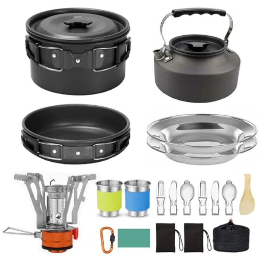 Camping Cookware Camping Cooking Set Non-Stick Pots and Pans with Kettle 2 Stainless Steel Plates 2 Water Cups 2 Sets of Knives