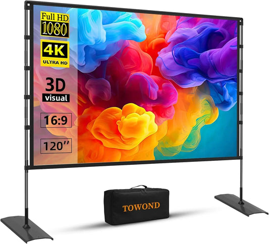 120 Inch Portable Projector Screen with Stand, 16:9 Wrinkle-Free Design for Indoor Outdoor Home Theater