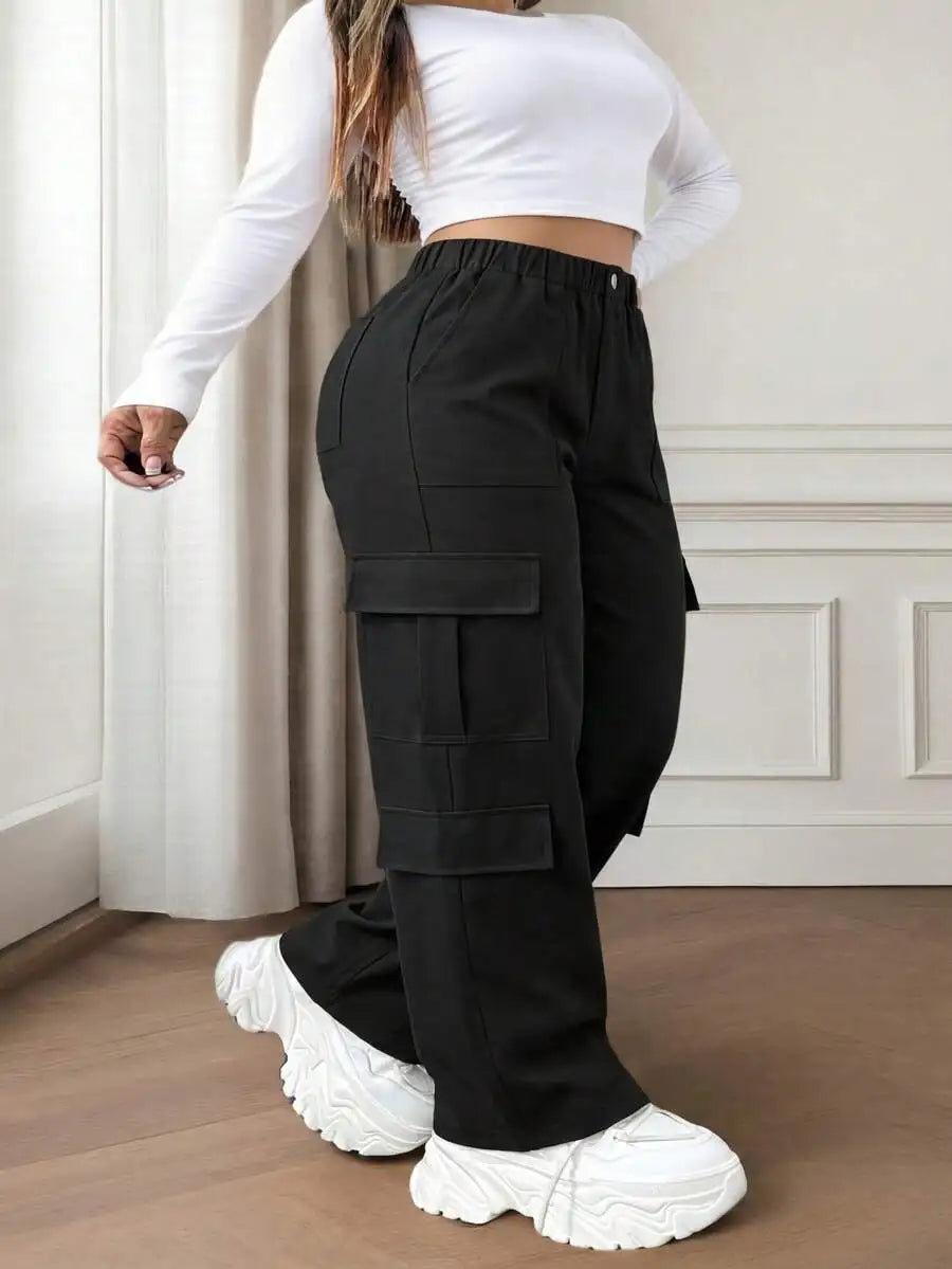 Olive Green Button Pocket Elegant Casual Commute Minimalist Cute Y2K Loose Straight Leg Non-Stretch Lightweight Plus Size Cargo