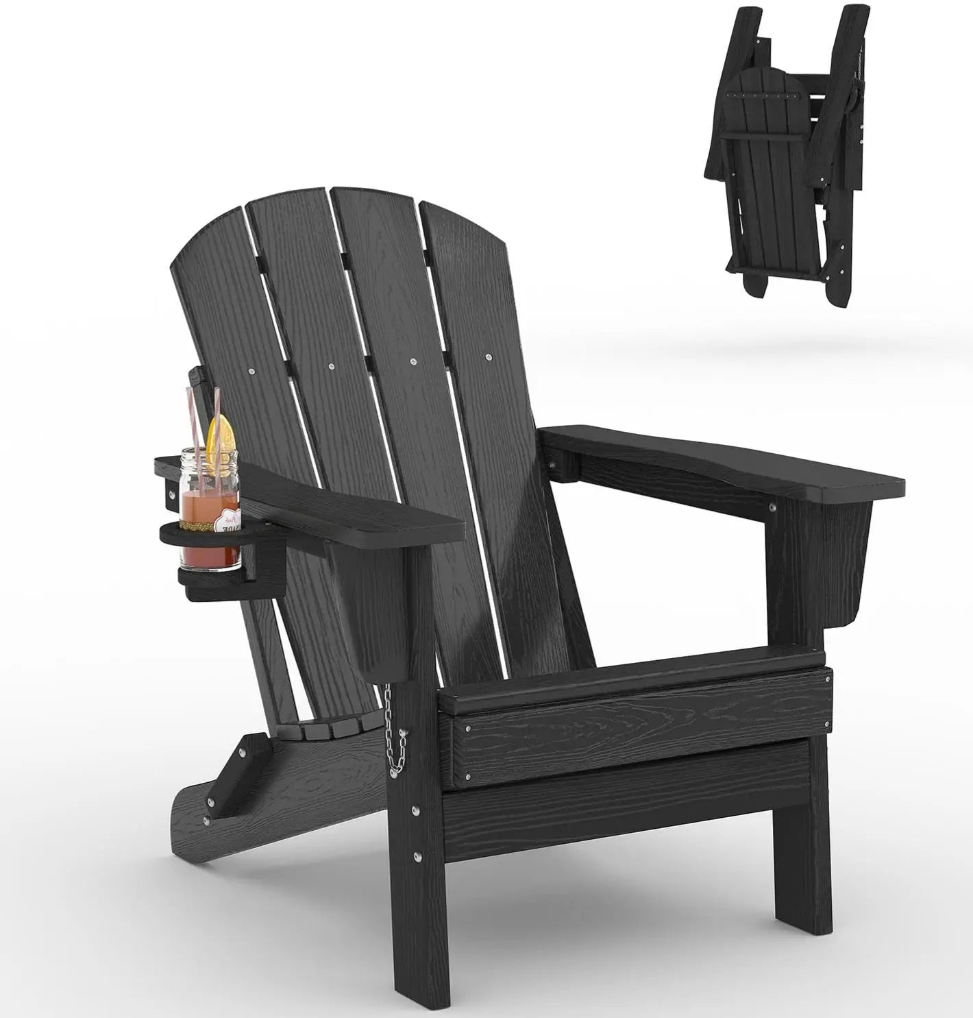 1 PC Folding Adirondack Chair, All-Weather HDPE Outdoor Chair, Wooden Textured with Cup Holder for patios, Decks, Gardens, Fire Pits