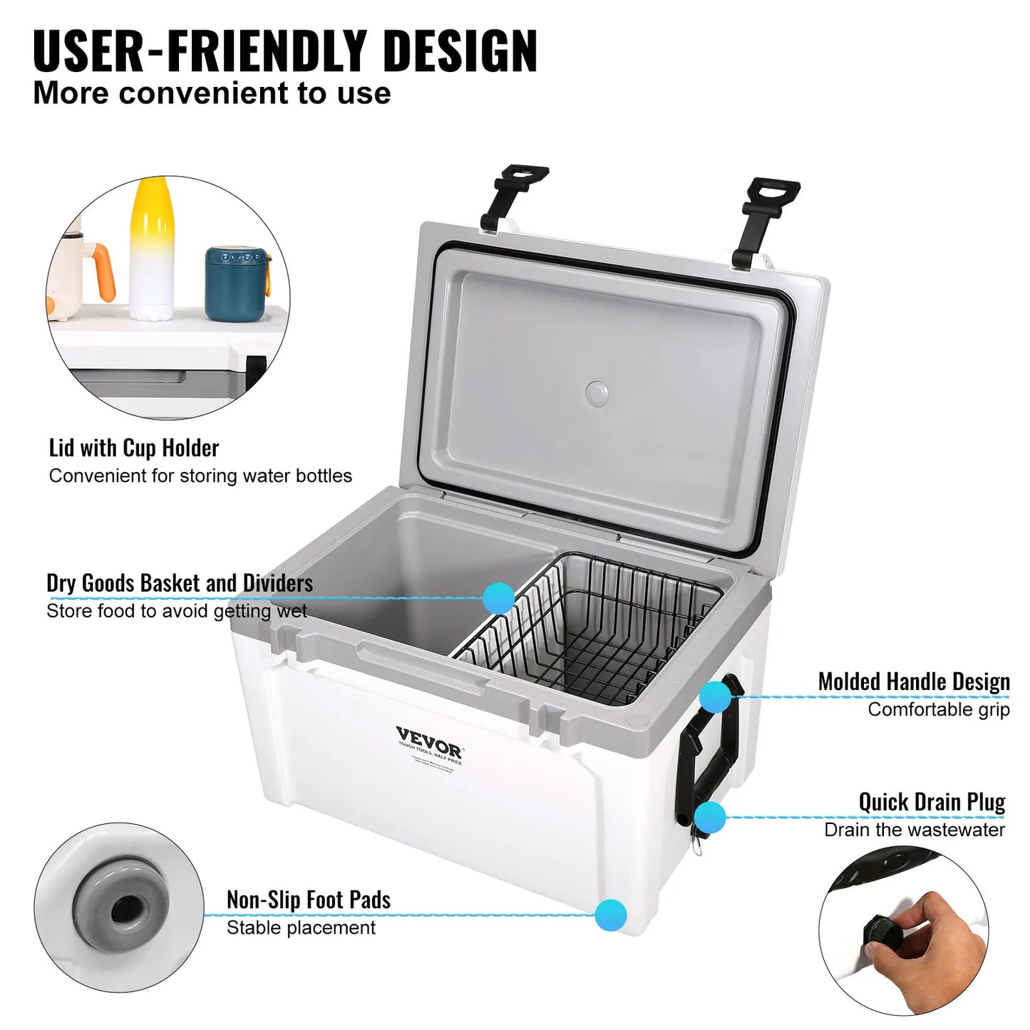SucceBuy 25/33/45/52QT Portable Hard Cooler Fully Insulated Ice Chest Cooling Box Goods Basket for Beach Outdoor Camping Travel