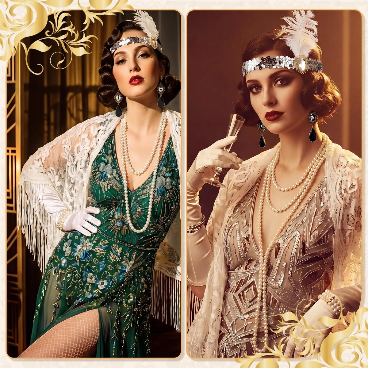8PCS Flapper Accessories Set for Women, Roaring 20's Costume Set 1920s Flapper Kit Shawl Headband Gloves, Lace Stretch Fabric, Retro 20s Theme Accessories for Halloween Party Cosplay