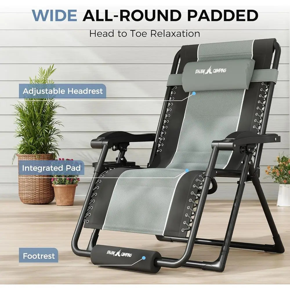 2-Piece Oversized Zero Gravity Reclining Chairs, Outdoor Padded Recliners with Cup Holders, Adjustable for Patio, Camping, Black