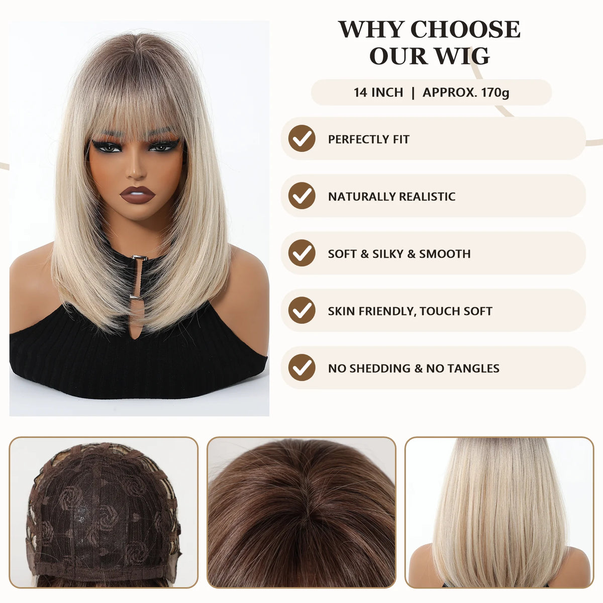 Halloween TopShe14 inch Blonde Bob Wig for Woman Straight Synthetic Wig with Bangs Blonde with Dark Roots Heat Resistant Wigs for Women Cosplay Costume Party Daily Wear Natural Looking Soft Full Head Fiber Wigs Fashion Gradie